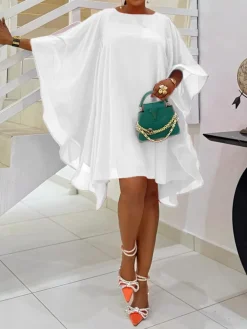 Solid Chiffon Cape Overlay Dress