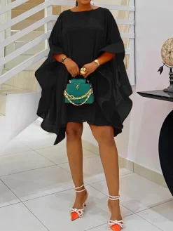 Solid Chiffon Cape Overlay Dress