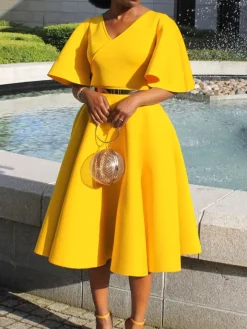 Solid Color Bell Sleeve V-Neck Flared Dress