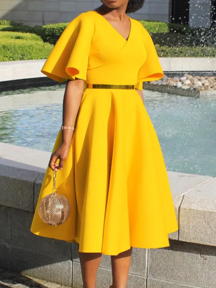 Solid Color Bell Sleeve V-Neck Flared Dress