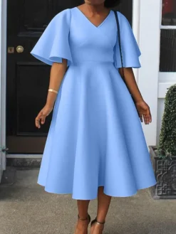 Solid Color Bell Sleeve V-Neck Flared Dress