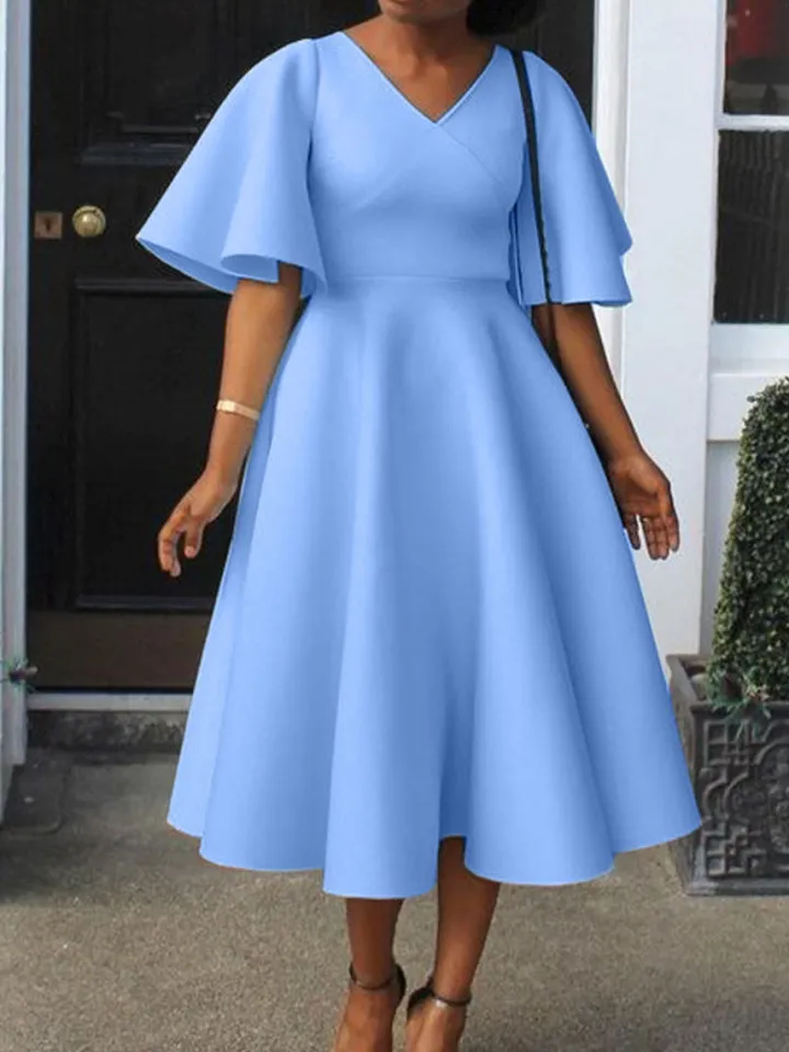Solid Color Bell Sleeve V-Neck Flared Dress