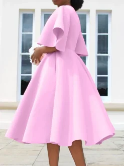 Solid Color Bell Sleeve V-Neck Flared Dress