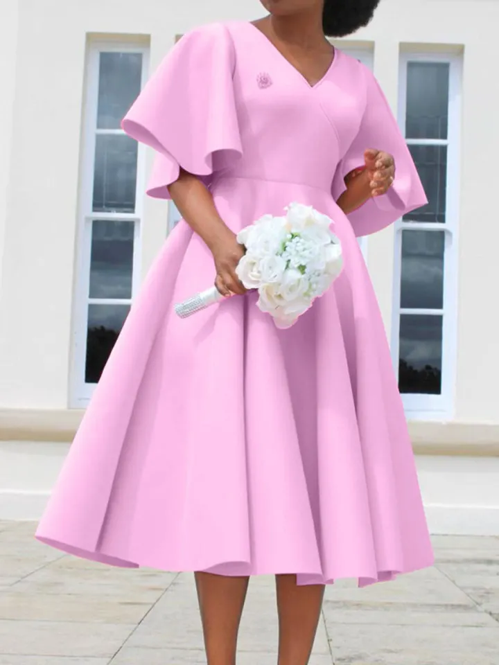 Solid Color Bell Sleeve V-Neck Flared Dress