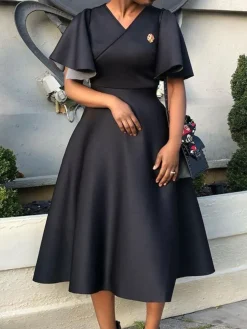 Solid Color Bell Sleeve V-Neck Flared Dress