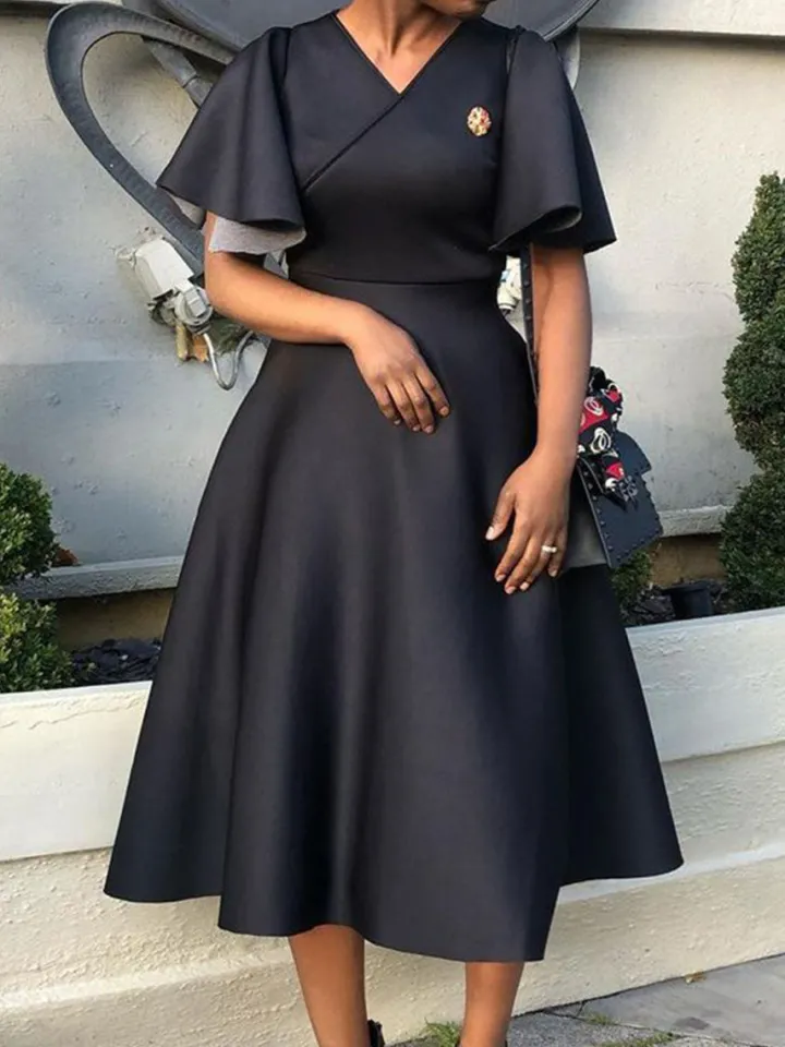 Solid Color Bell Sleeve V-Neck Flared Dress