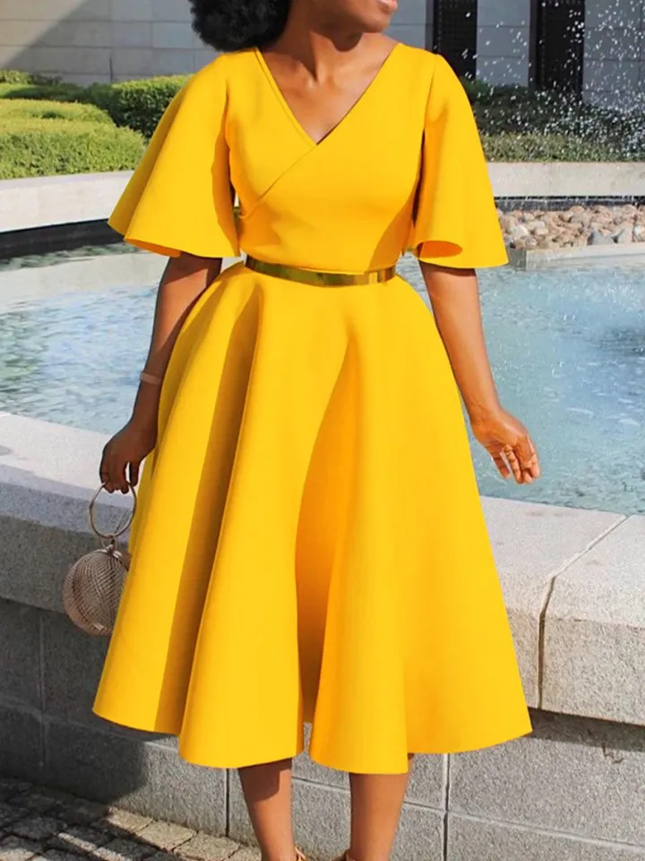 Solid Color Bell Sleeve V-Neck Flared Dress