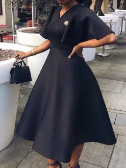 Solid Color Bell Sleeve V-Neck Flared Dress