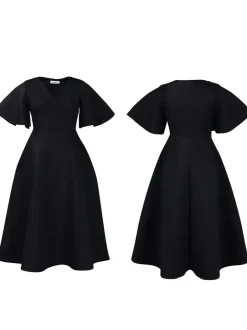 Solid Color Bell Sleeve V-Neck Flared Dress