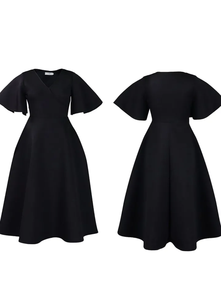 Solid Color Bell Sleeve V-Neck Flared Dress