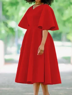 Solid Color Bell Sleeve V-Neck Flared Dress