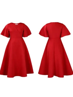 Solid Color Bell Sleeve V-Neck Flared Dress