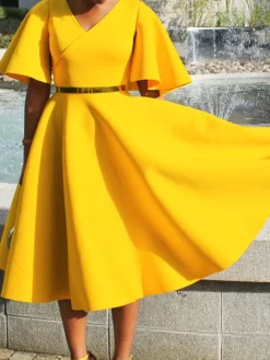 Solid Color Bell Sleeve V-Neck Flared Dress