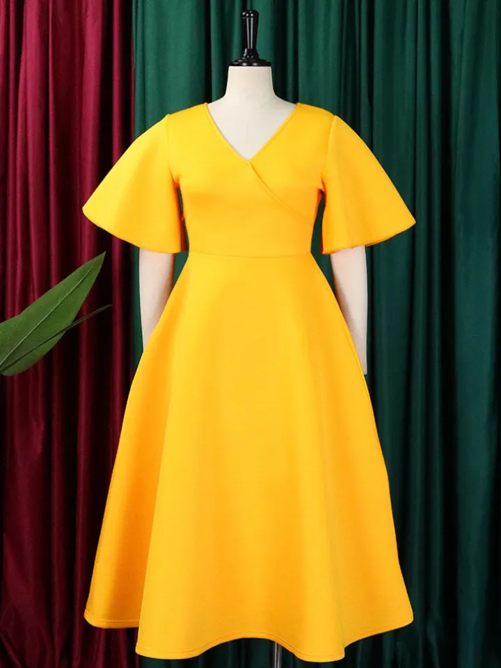 Solid Color Bell Sleeve V-Neck Flared Dress