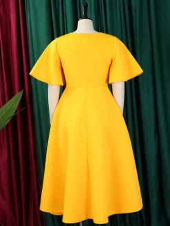 Solid Color Bell Sleeve V-Neck Flared Dress