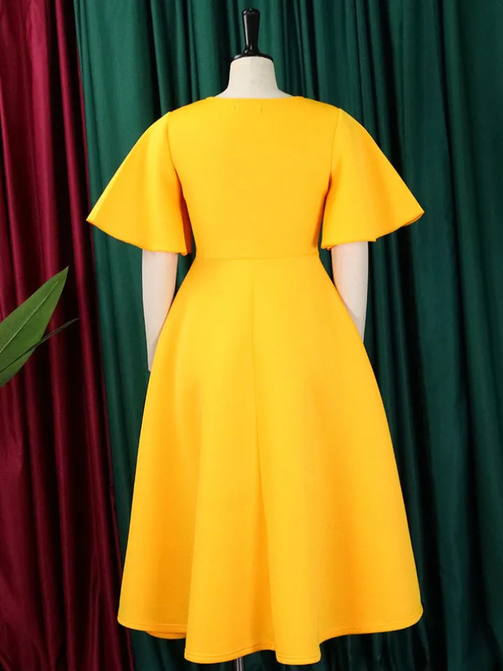 Solid Color Bell Sleeve V-Neck Flared Dress