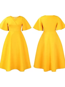 Solid Color Bell Sleeve V-Neck Flared Dress