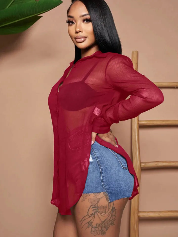 Solid Color Button Down Chiffon Shirts