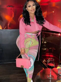 Solid Color Crop Top Floral Print Pants