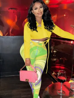 Solid Color Crop Top Floral Print Pants