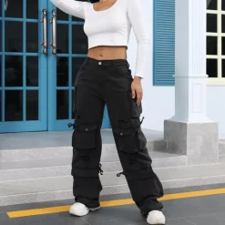 Solid Color Flap Pocket Loose Denim Pants