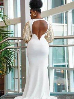 Solid Color Glitter Long Puff Sleeve Fishtail Maxi Dress