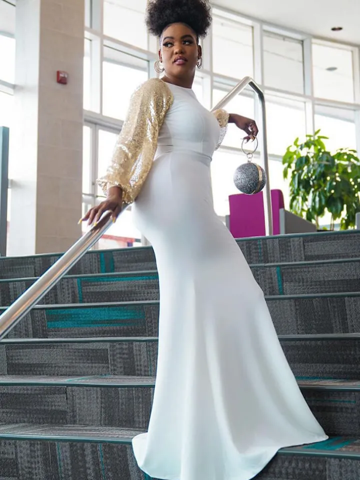 Solid Color Glitter Long Puff Sleeve Fishtail Maxi Dress