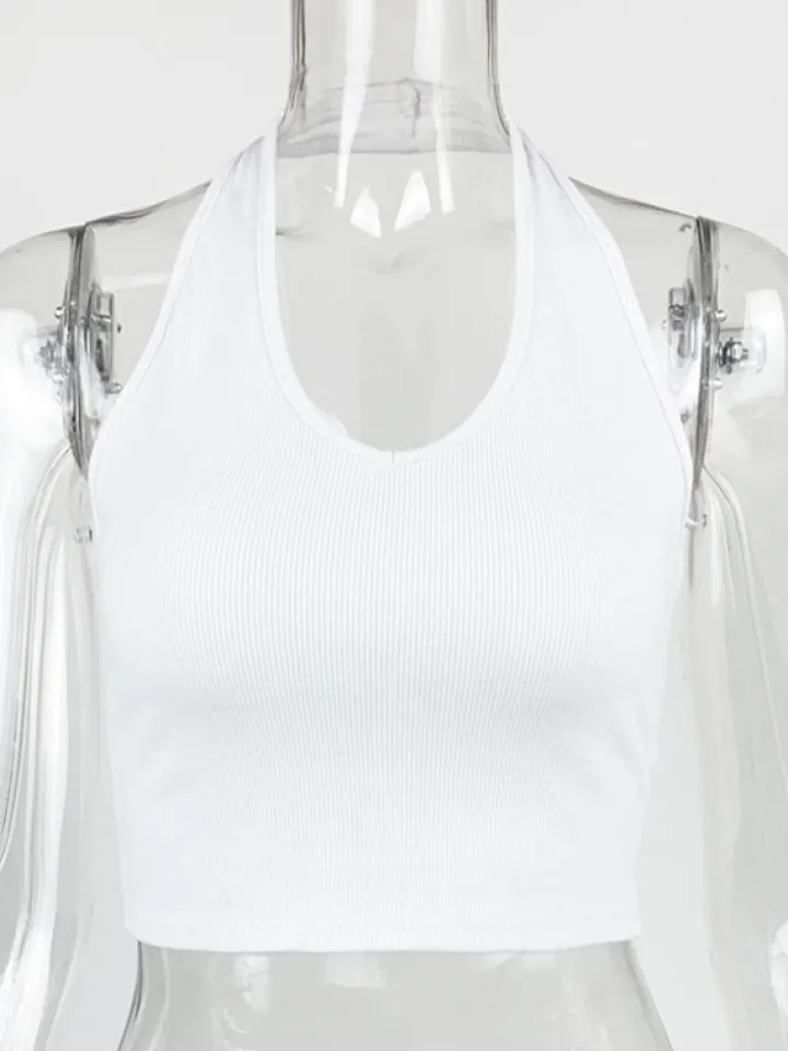 Solid Color Halter Neck Crop Top