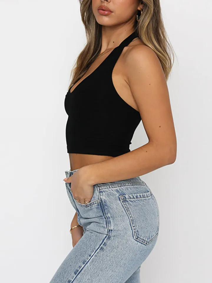 Solid Color Halter Neck Crop Top