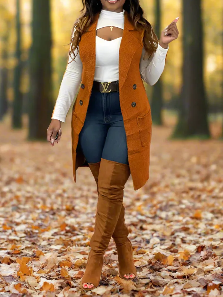 Solid Color Lapel Sleeveless Button Down Vest Jacket