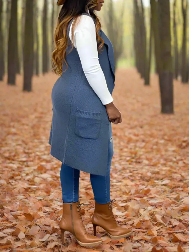 Solid Color Lapel Sleeveless Button Down Vest Jacket