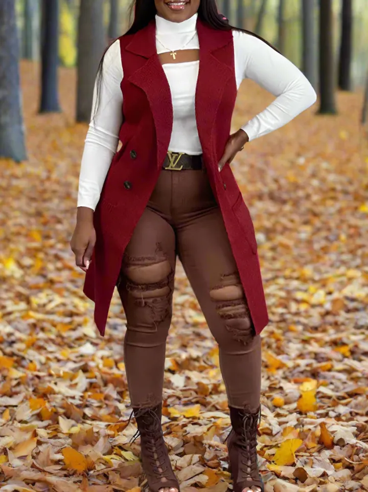 Solid Color Lapel Sleeveless Button Down Vest Jacket