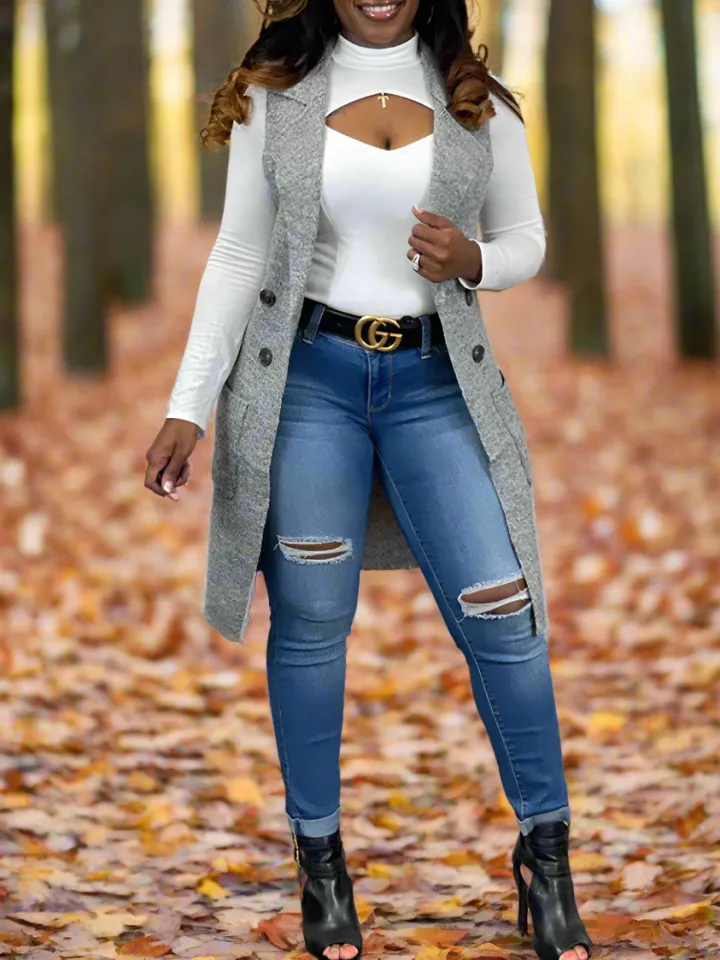 Solid Color Lapel Sleeveless Button Down Vest Jacket