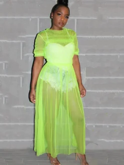 Solid Color Mesh Ruched Maxi Dress Cover Up