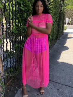 Solid Color Mesh Ruched Maxi Dress Cover Up