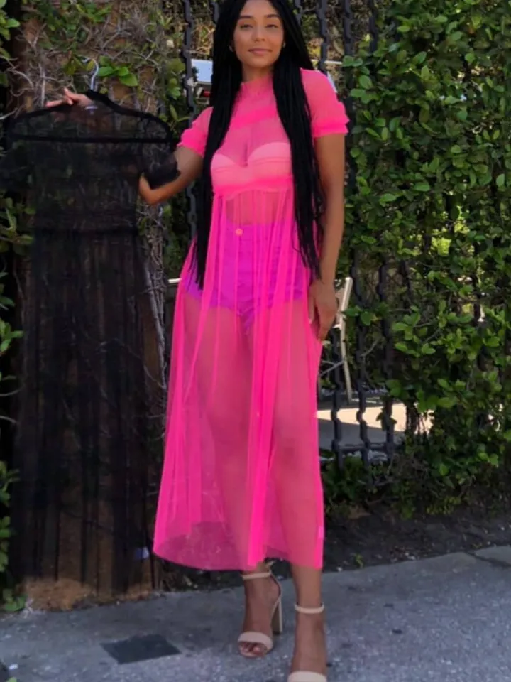 Solid Color Mesh Ruched Maxi Dress Cover Up