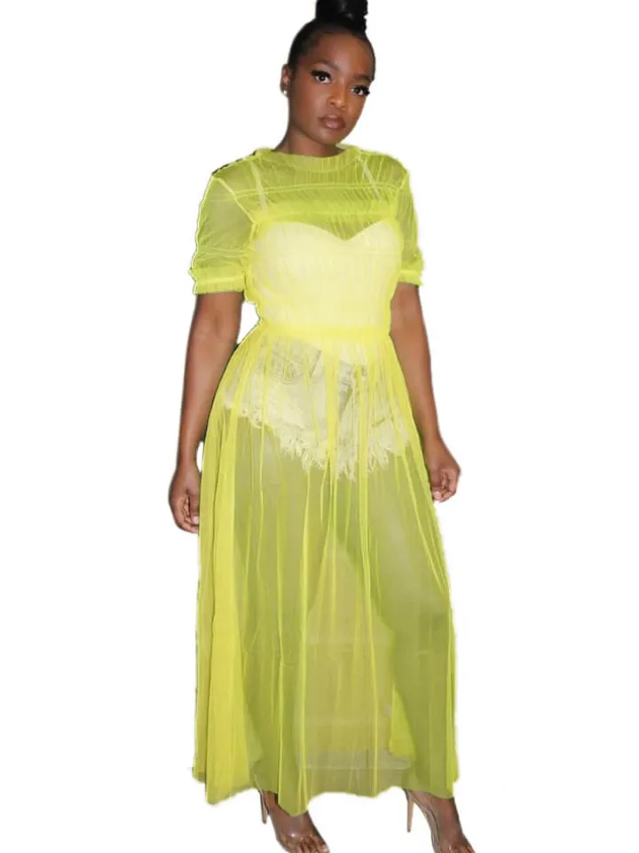 Solid Color Mesh Ruched Maxi Dress Cover Up