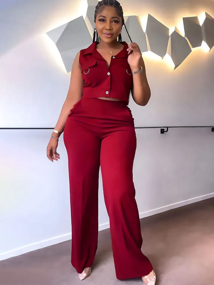 Solid Color Polo Neck Vest Long Pants Set