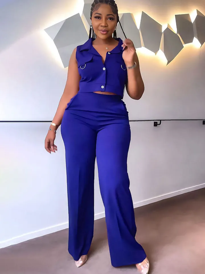 Solid Color Polo Neck Vest Long Pants Set