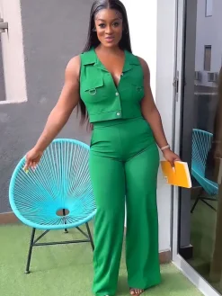 Solid Color Polo Neck Vest Long Pants Set