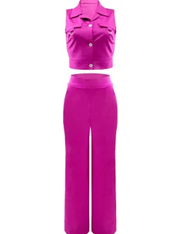Solid Color Polo Neck Vest Long Pants Set