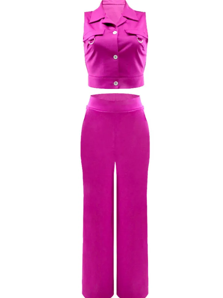 Solid Color Polo Neck Vest Long Pants Set