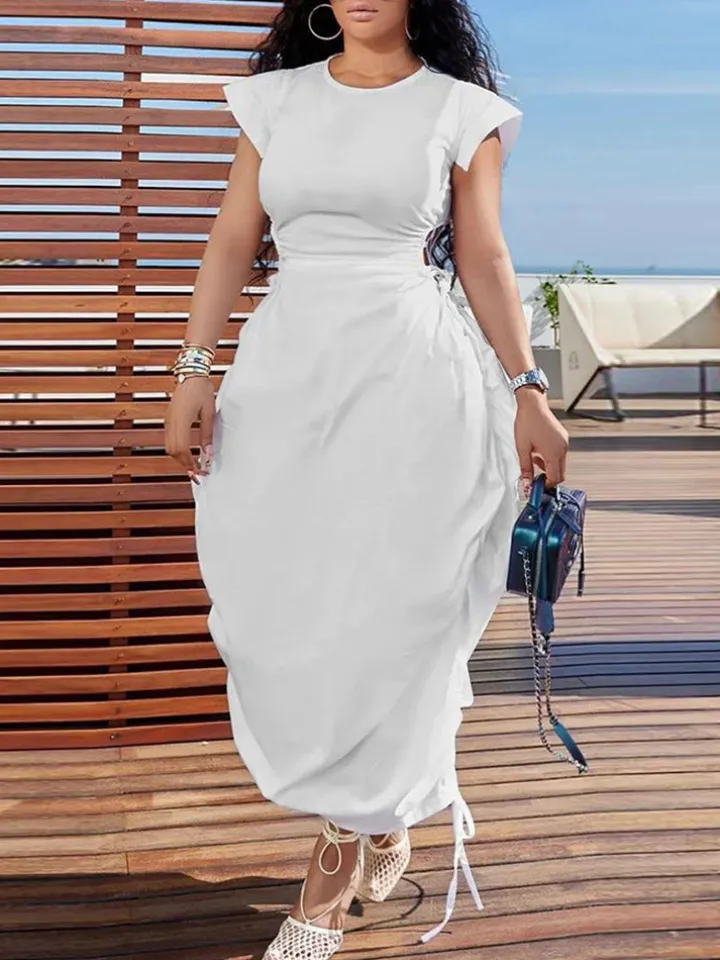 Solid Color Puff Sleeve Drawstring Waist Dress