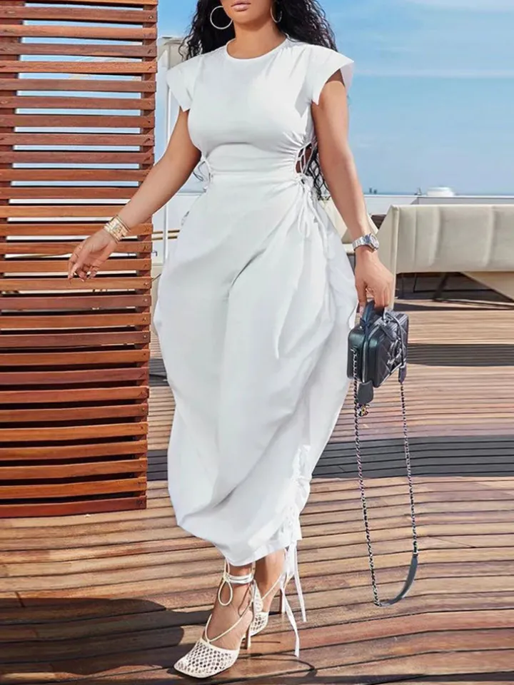 Solid Color Puff Sleeve Drawstring Waist Dress