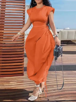 Solid Color Puff Sleeve Drawstring Waist Dress