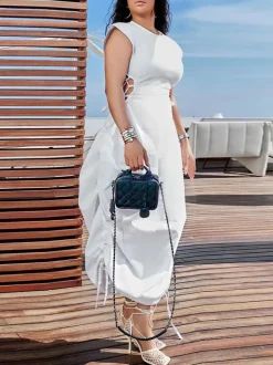 Solid Color Puff Sleeve Drawstring Waist Dress