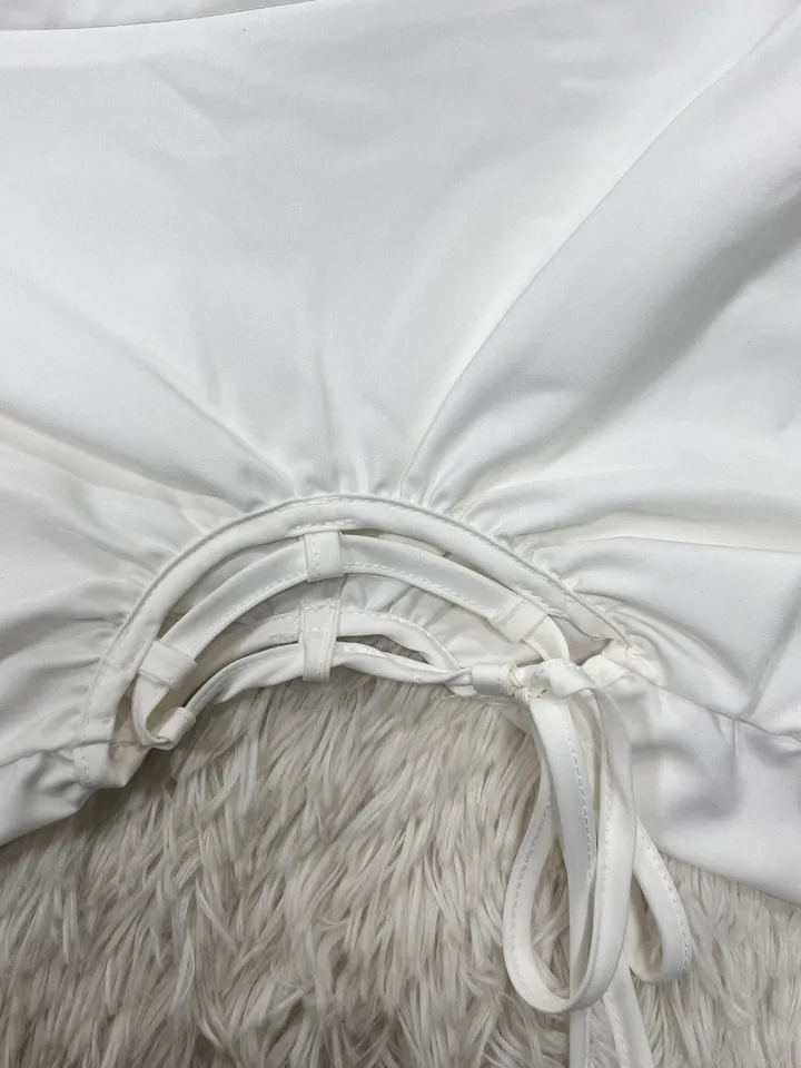 Solid Color Puff Sleeve Drawstring Waist Dress