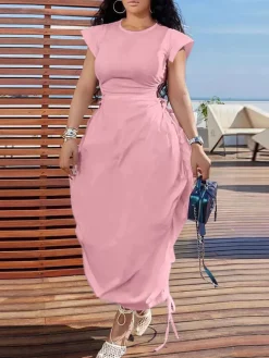 Solid Color Puff Sleeve Drawstring Waist Dress