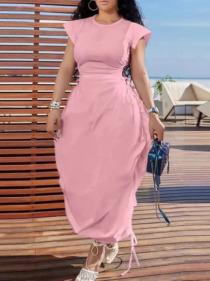 Solid Color Puff Sleeve Drawstring Waist Dress