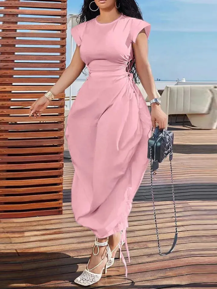 Solid Color Puff Sleeve Drawstring Waist Dress